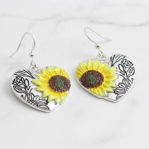 Womens Silver Sunflower Heart Earrings Jewelry